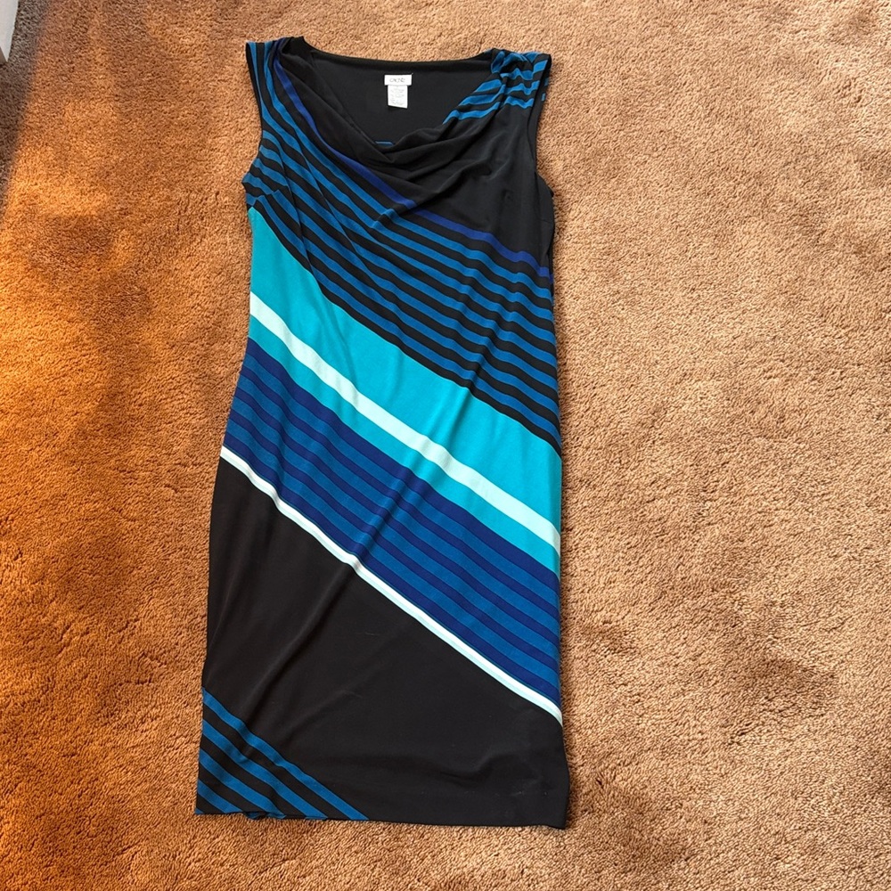 Cache Black and Blue Striped Midi Dress